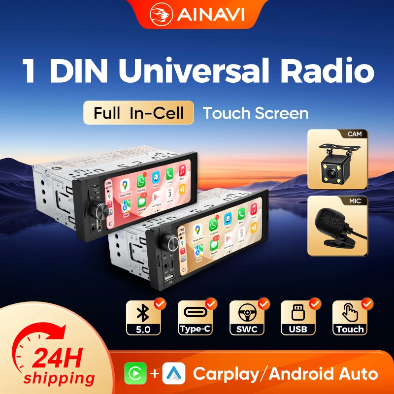 Ainavi K40 K50 Radio de coche universal 1 Din de 6,36 pulgadas, MP5, pantalla táctil IPS, inalámbrico HD 1280*480, Carplay, Android Auto, cámara trasera, MIC, USB, BT 5.0, tipo C, Bluetooth, teléfono, música 1