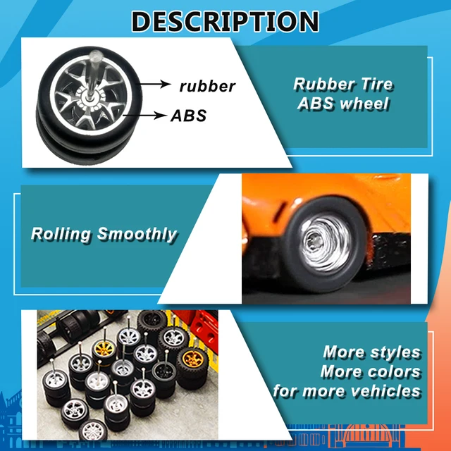1/64 Wheels with Fixed Rubber Tires Ten Spoke for Toy Model Diecast Cars Refiting Parts for Hotwheels (5 sets for 5 Cars) 2