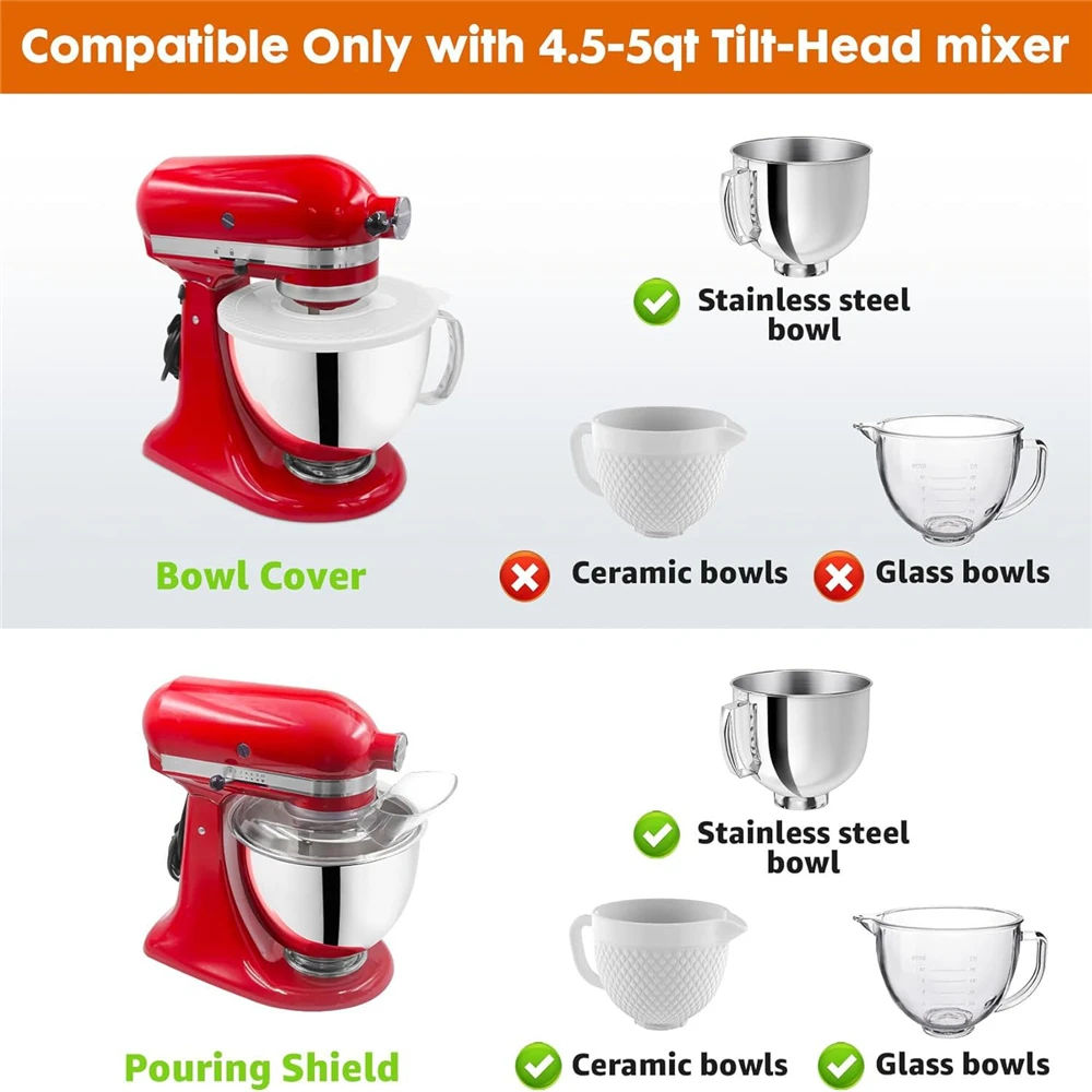Dishwasher Safe for KitchenAid 4.5-5QT Pouring Cover Mixing Bowl Dump Hoods Splash Guard for KitchenAid Tilt-Head Stand Mixers