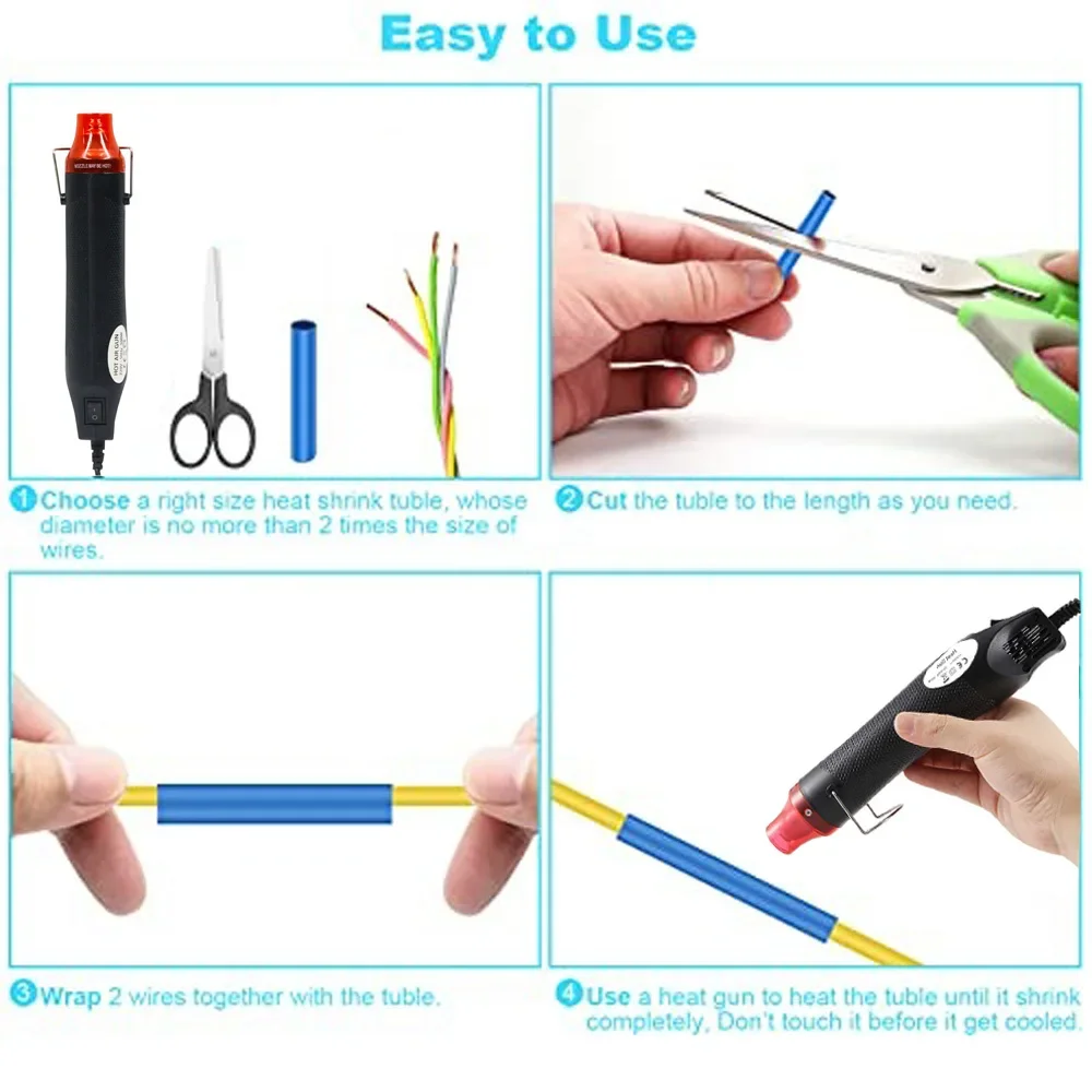 300W Electrical Mini Heat Gun Handheld Hot Air Gun 220V EU Plug with Heat Shrink Tubing kit 2:1 Wire Cable Insulation Sleeving 6