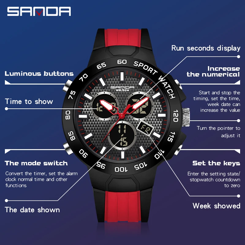 SANDA Brand Men Sports Watches Dual Display Analog Digital LED Electronic Quartz Wristwatches Waterproof Swimming Military Watch