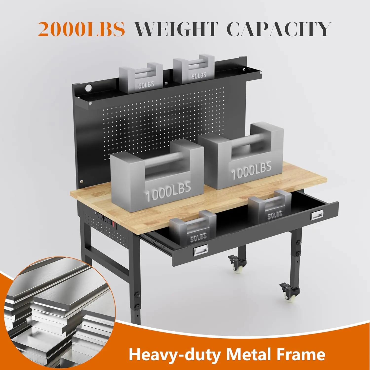 48" Heavy Duty Adjustable Workbench with Large Pegboard Adjustable Work Table with Power Outlets & Lockable Wheels