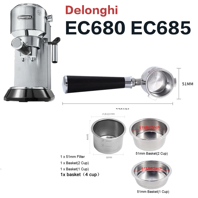 Delonghi 51MM Coffee Bottomless Portafilter 304 Stainless Steel 1 2 4 Cups Filter Basket For EC680 EC685 Espresso Machine Tools best selling modified filter rocket coffee machine handle stainless steel bottomless 58mm solid wood aibo e61 handle portafilter