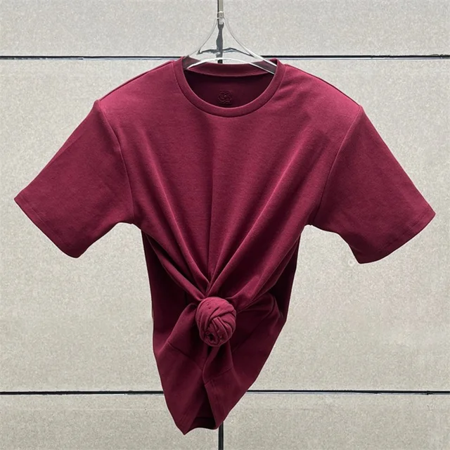 T-shirt femme 2025 été nouveau haut à manches courtes tricoté élastique fleur 3D décoré col rond pull pur coton haut court 1