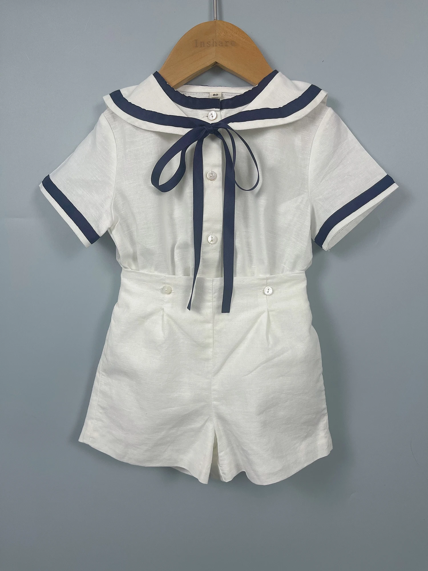Summer Navy Sister Brother Clothing White Cotton Linen Fabric with Bblack Ribbon Comfortable Breathable Daily Outfit Performance 3