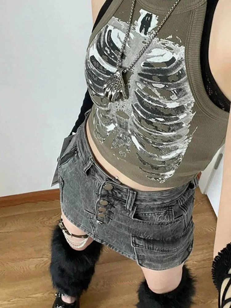 펑크 미학적 사이버 레트로 X-레이 스켈레톤 프린트 리브 민소매 조끼, ArmyGreen 크롭탑 디자이너 의류, 여성 2023 여름 이모