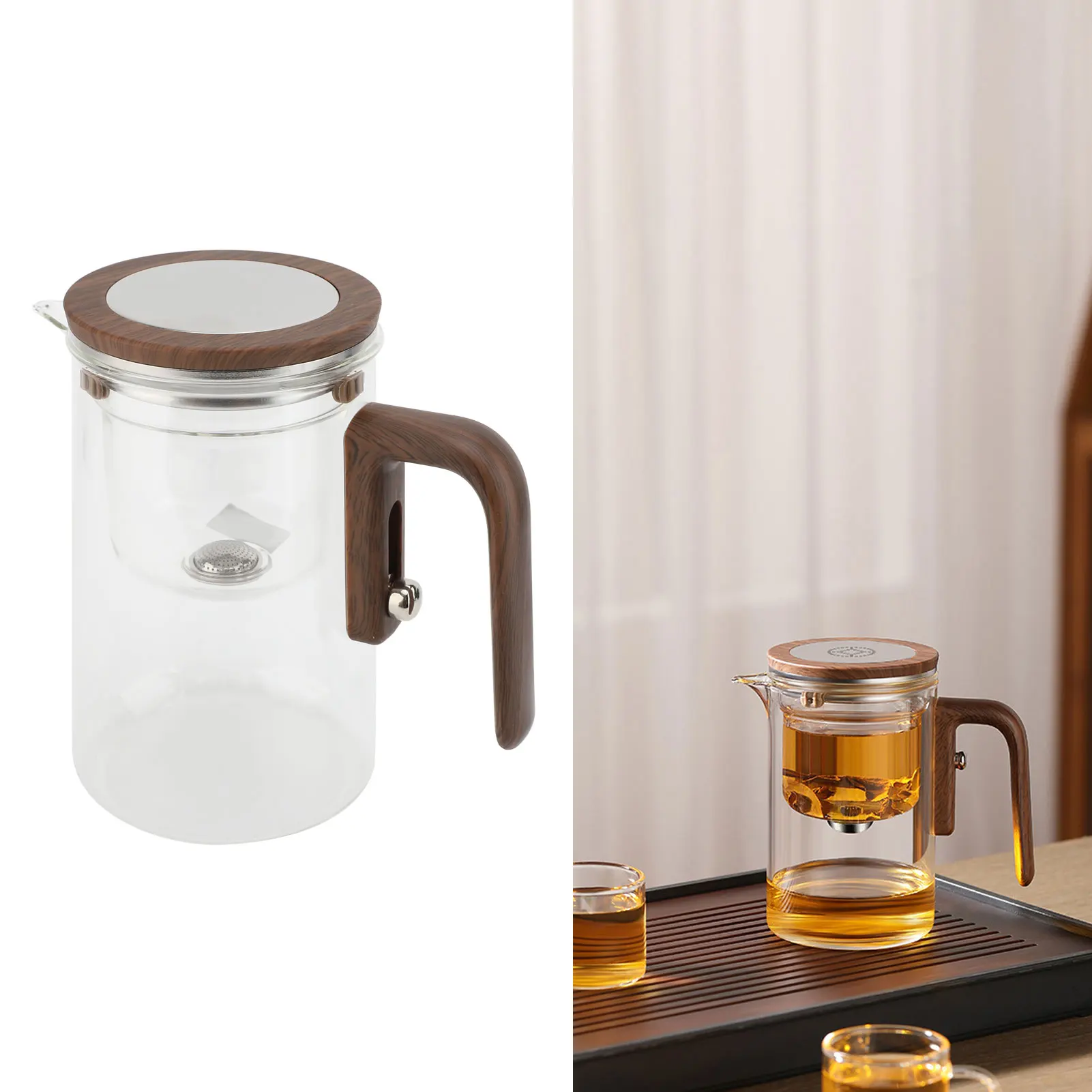 Clear Tea Pot Water Separation Glass Teapot with Strainer 800ml Clear Tea Pot with Wooden Handle Secure Lid Magnetic