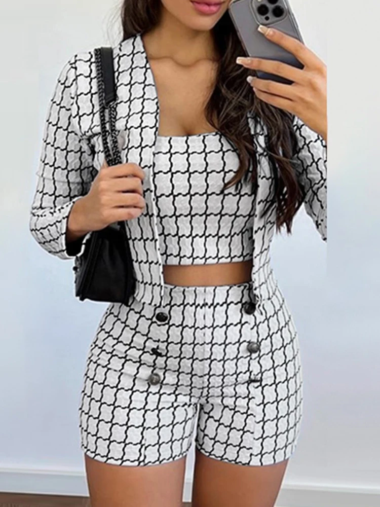Conjunto de Top corto con estampado cuadros y pantalones cortos abotonados para conjunto de chaqueta informal de trabajo de piezas| | - AliExpress