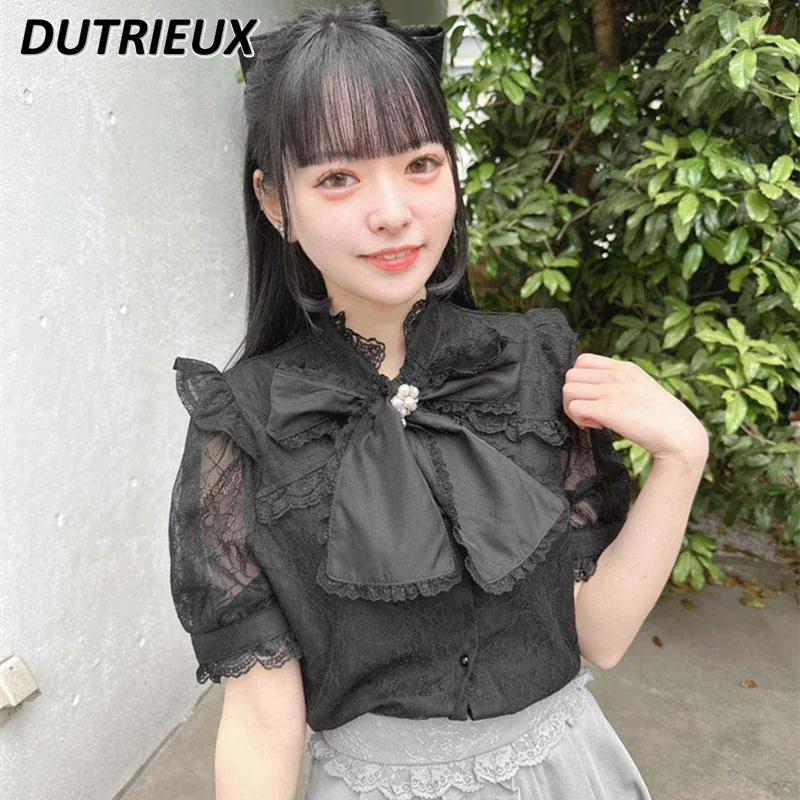 

Japanese Style Summer Blouse Women's Lace Stitching Ribbon Bow Rojita Tops Sweet See-through Ruffle Short Sleeve Shirt Female