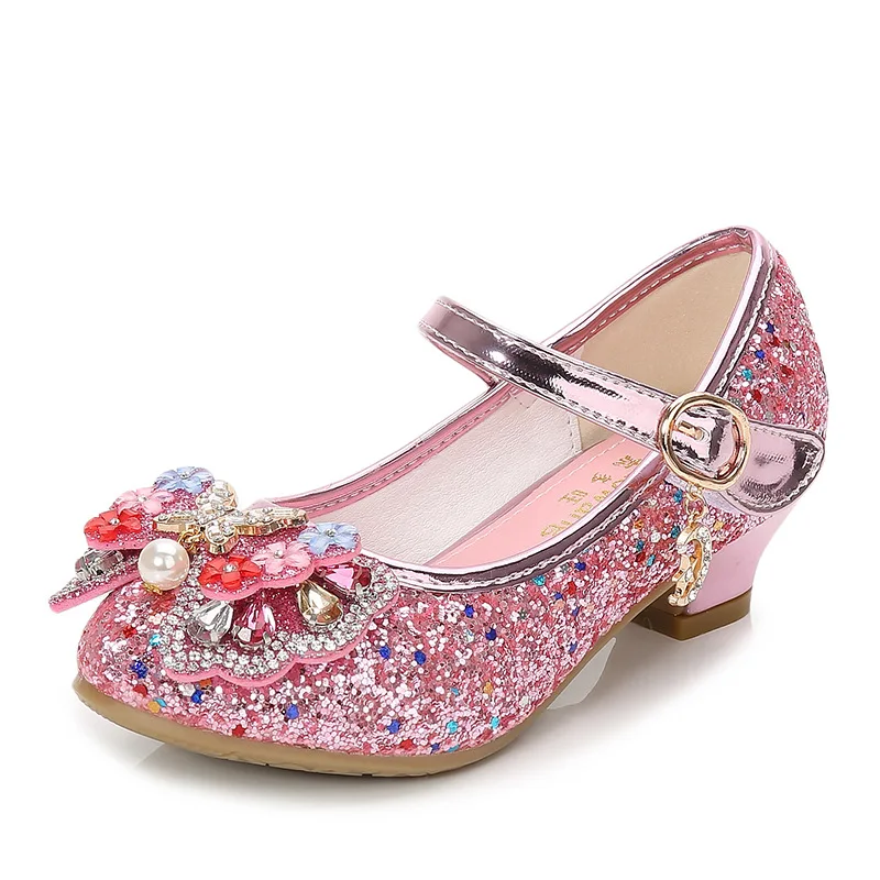 Girls Princess Shoes Butterfly Knot High-Heel Shiny Crystal Shoes Kids Leather Shoes Children's Single Shoes Birthday Present comfortable sandals child