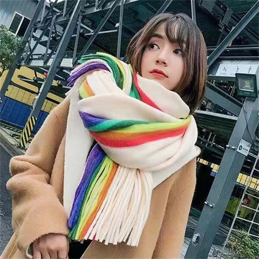 Women's Rainbow Scarf Winter Cashmere Shawl Thickened Warm Knitted Line Scarf Long Fashion Bufandas Shawl Pashmina for Femme 6