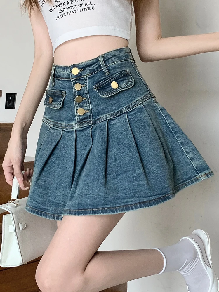 Vintage Single-Breasted Denim Skirts High Waist Pleated Jeans Skirts Female A-Line Skirt with Shorts Korean Fashion Saia Mujer