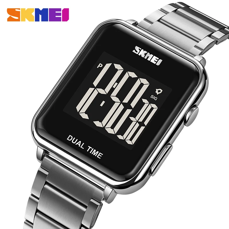 SKMEI Dual Time Back Light Electronic Square Watches Men Waterproof Calendar Chronograph Wristwatch Stainless Steel Strap1852