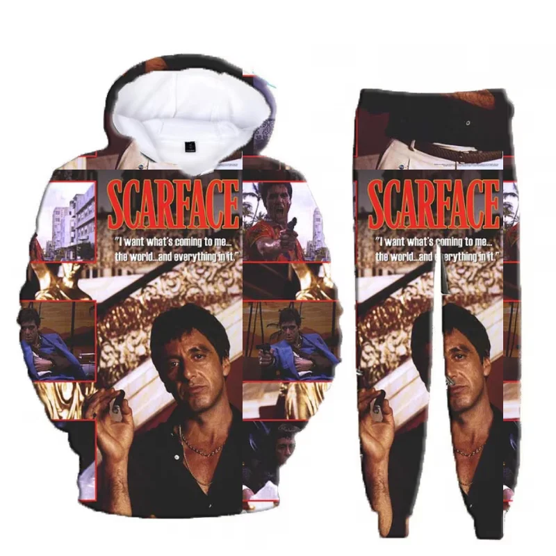 Hot Sales Classic Movie Scarface Tony Montana 3D Print Hoodie Suit Men Sweatshirts Sweatpants Casual Two Piece Tracksuit Set 3
