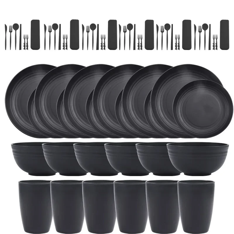 30/32 pc/set of black wheat straw PP tableware,including household plates,soup bowls,cupsand plates, reusable tableware