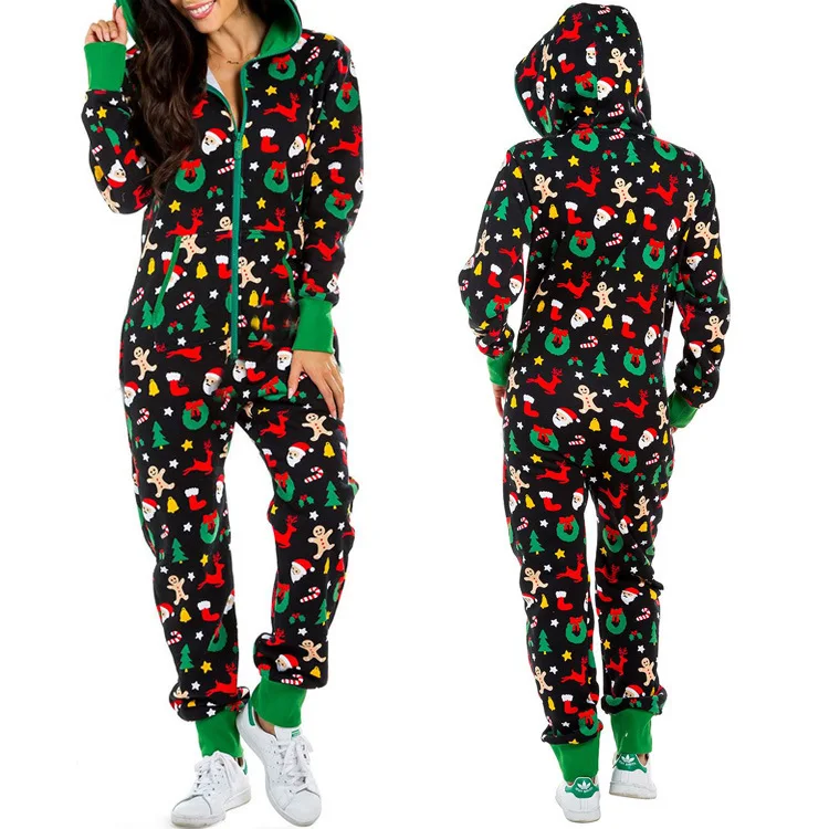 Christmas Jumpsuit 2023 Autumn Winter Couple Fashion Striped Elk Print Casual Hooded Pocket Design Home Pajama Jumpsuit 1PCS