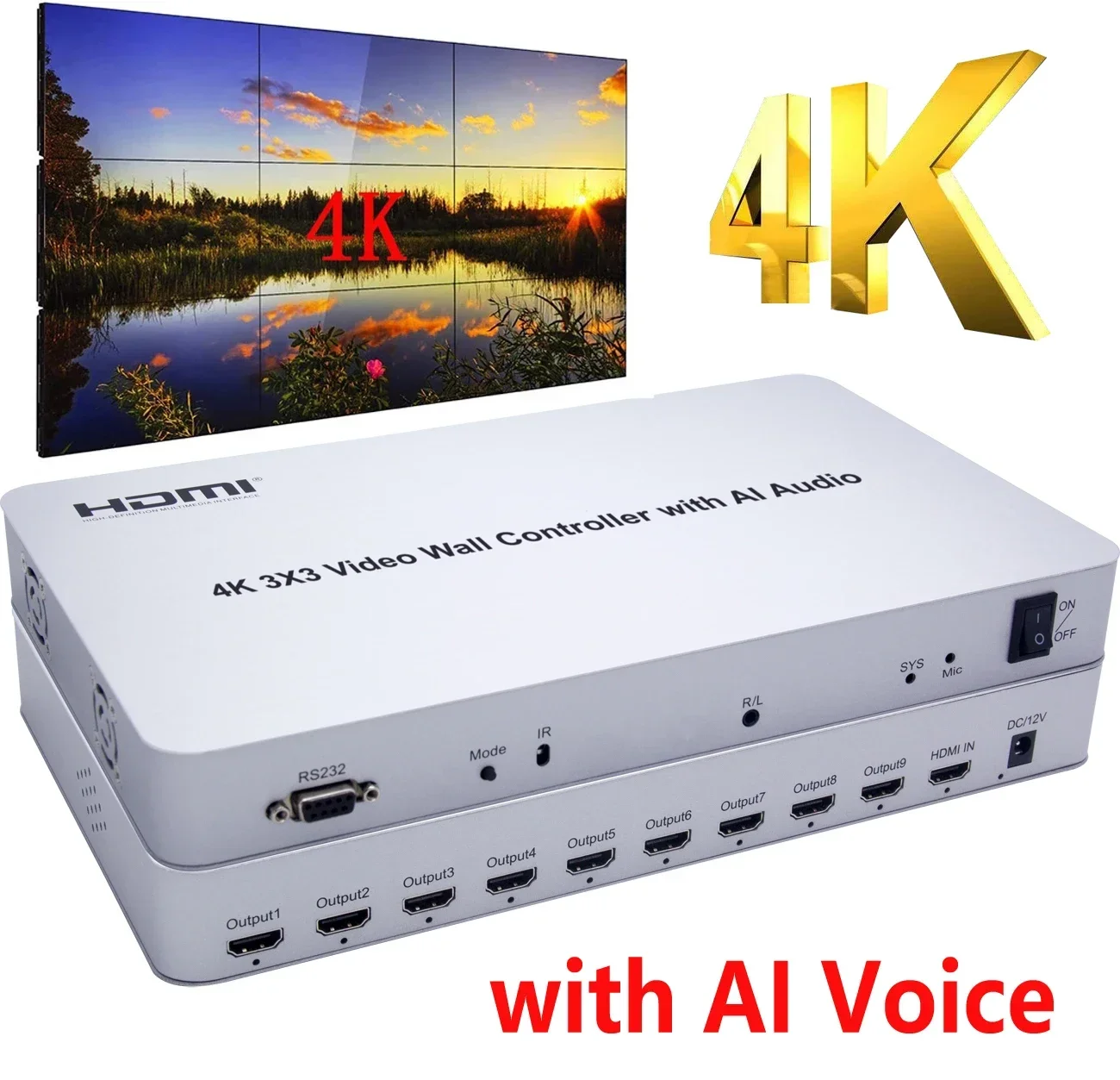 

4K 3x3 Video Wall Controller 1 in 9 Out Multi Monitor Splicing Processor 9 Way TV Splicer with AI Audio Voice 1x3 1x4 2x2 2x4