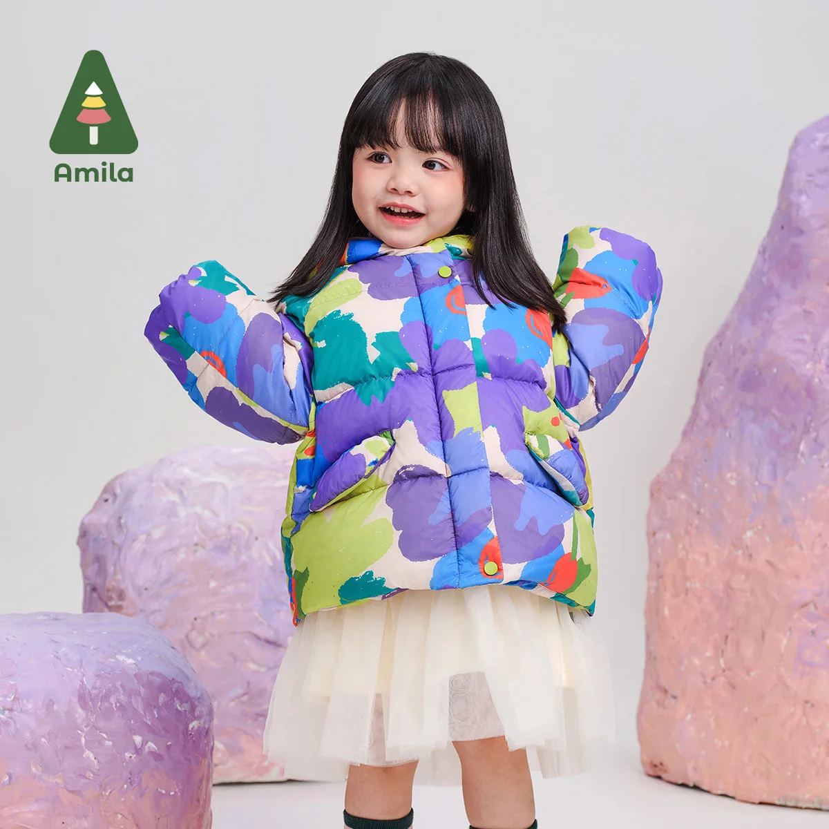 Amila Baby Down Jacket Winter New High Quality Girls Hooded Graffiti White Duck Down Warm Loose Casual Children&lsquo;s Jacket