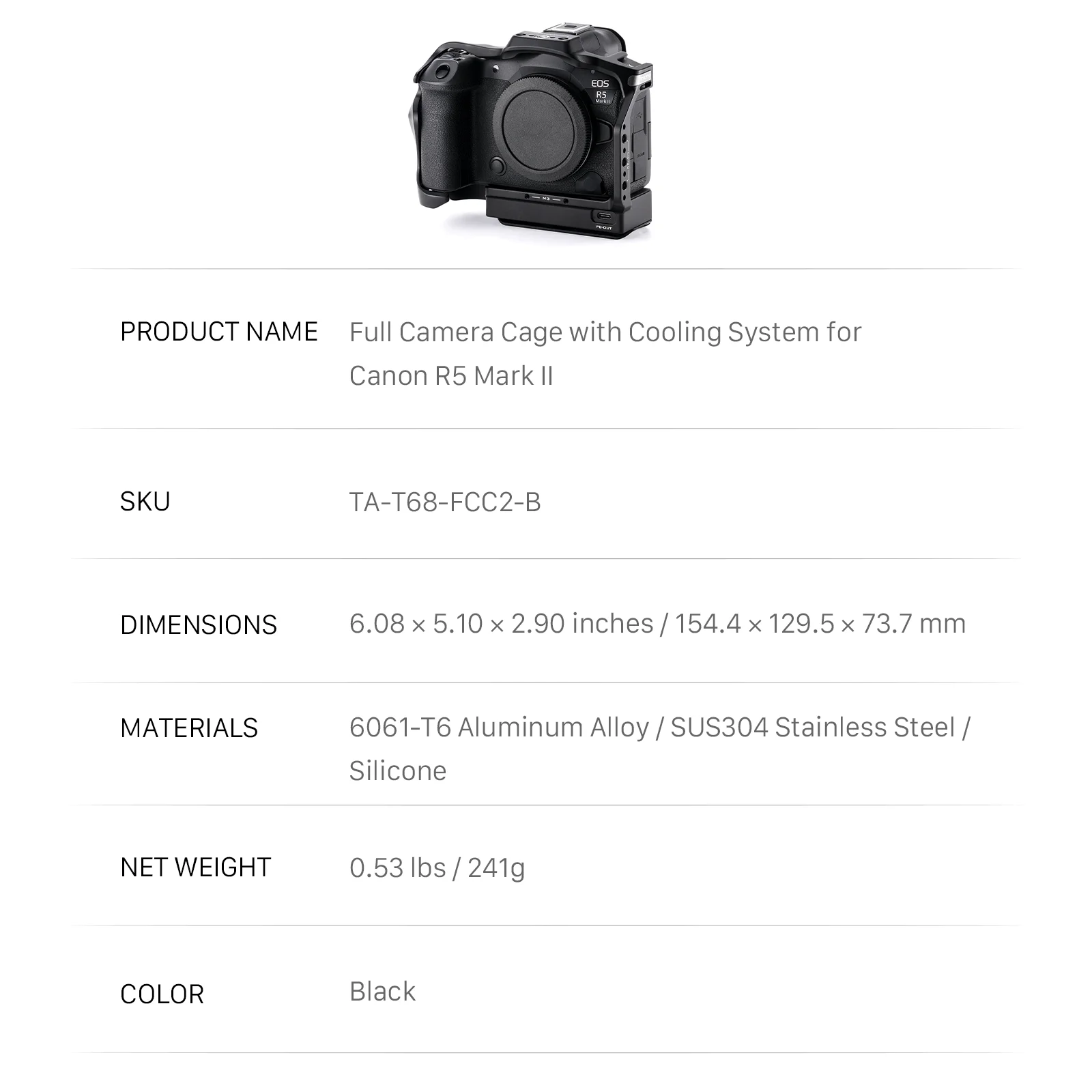 Cage Complète Tilta Pour Canon R5 Mark II Avec Système De Refroidissement - Noir - Compatible Accessoires