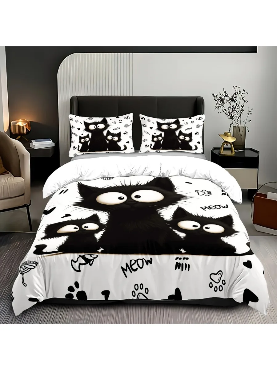 סט מצעים מודפס עם חתול שחור בגודל 3 חלקים, ללא ליבה, רך ונוח, ניתן לשטוף במכונה, 1 כיסוי ראש + 2 ציפיות