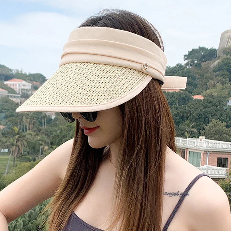 Womens Fashion Empty Top Straw Hat Travel Beach Sunshade Sun Hat Foldable Cruise Visor Cap For Ladies