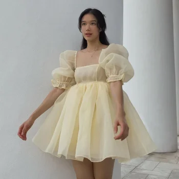 여성용 우아한 퍼프 소매 오프 숄더 얇은 명주 그물 공주 드레스, 메쉬 프릴 미니 짧은 드레스, 웨딩 칵테일 파티 무도회