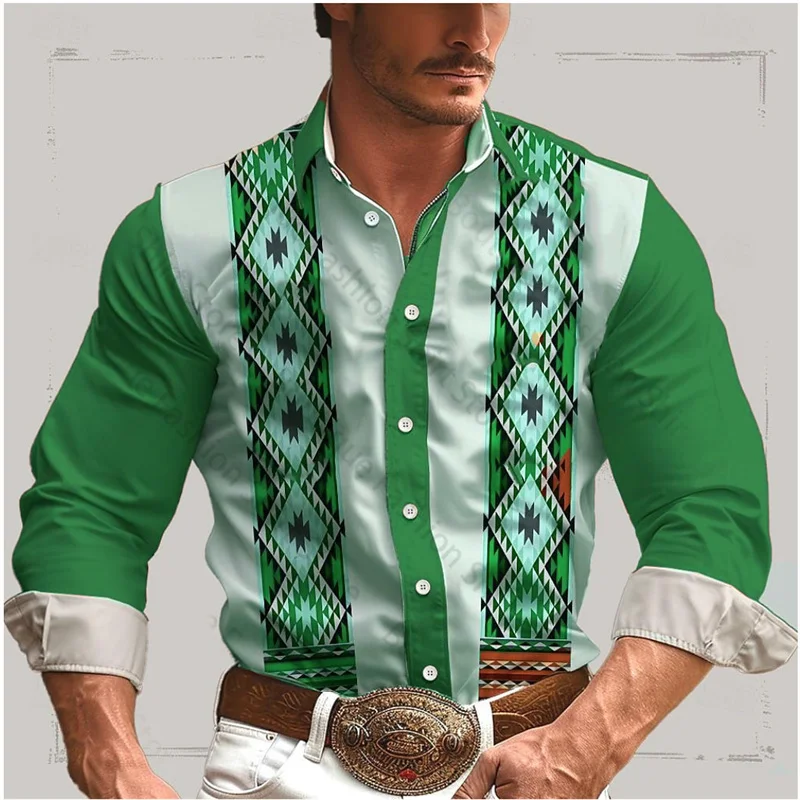 Camisa de hombre estilo occidental retro geométrico para exteriores, informal, de calle, para uso diario, primavera y verano, con solapa, manga larga, tallas S-5XL, camisa de tela elástica
