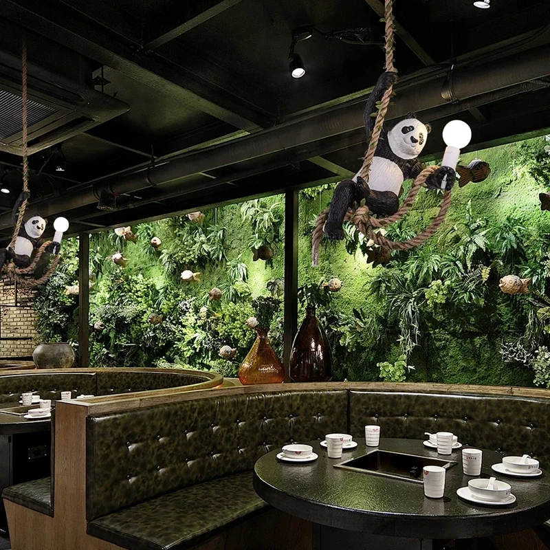 Indoor Lighting Vintage Resin Panda Pendant Light Loft Hemp Rope Hanging Lamp Fixture Home Decor Luminaire Suspension Chandelier - 6