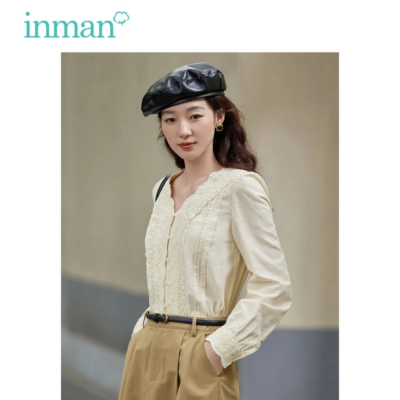 

INMAN Women Blouse 2023 Autumn Puff Sleeve V Neck Loose Shirt Lace Patchwork Jacquard French Elegant Romantic Apricot Blue Tops