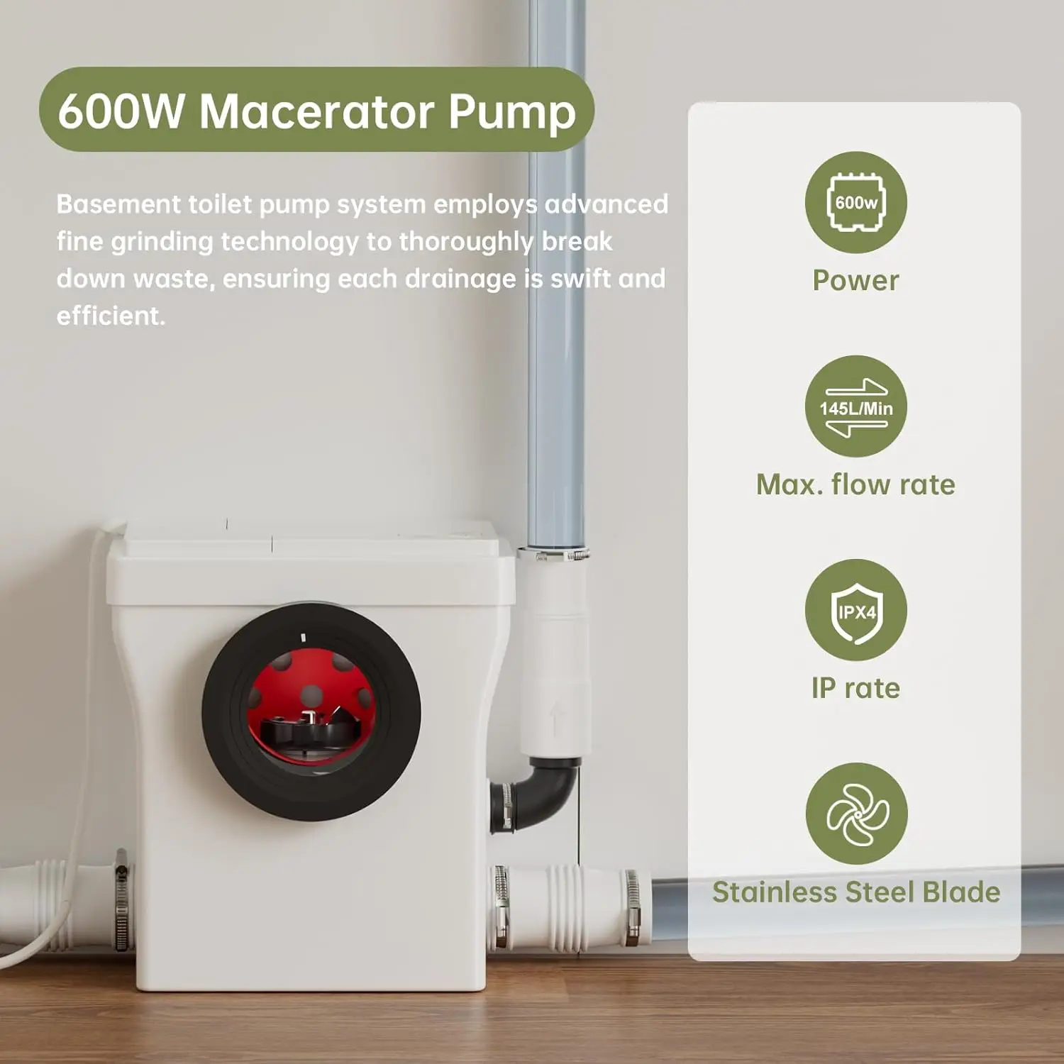 Simple Project Macerating Toilet 600w One-Piece Upflush , Powerful & Quiet Macerating Toilet System With 3 Water Inlet & Ac Vent 4