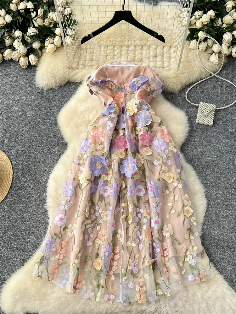 SINGREINY Embroidery Evening Long Dress Strapless Sleeveless Zipper 3D  Floral Sundress High Street Ladies French Cocktail Dress - AliExpress  200000345