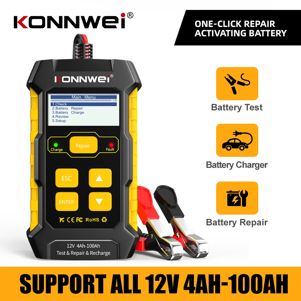 

KONNWEI KW510 Car Charger 12V Battery Tester 5A Gel Battery Charger Power Bank Pulse AGM Wet Dry Lead Acid Auto Repair Tools