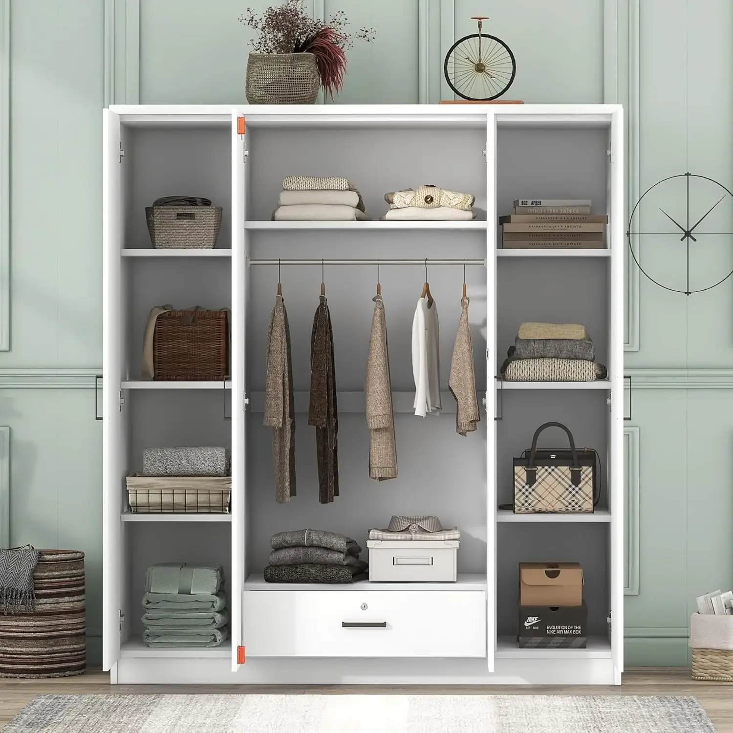 4-Door Wardrobe with Drawers, Shelves and Hanging Rail, Freestanding Armoire Wardrobe Closet, (White+4-Door) 2