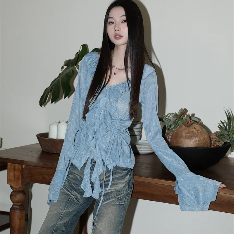 한국 블루 플레어 긴팔 여성 셔츠, 레이스업 프릴, 세련된 여성용 블라우스, 폴드 단추, V넥 패션, 새로운 여성 크롭탑