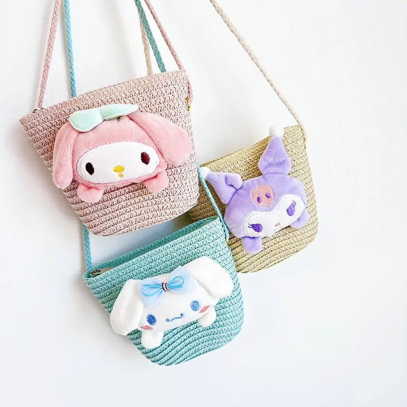 

Korean Summer Kuromi Cinnamoroll Kawaii Children's Grass Woven Bag Cute Kuromi Cartoon Zero Wallet One Shoulder Crossbody Bag