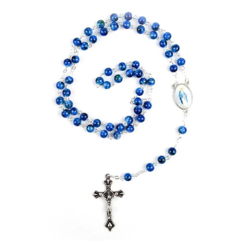 Glass Beads Catholic Rosary Necklace Fashion Crucifix Pendant Chain