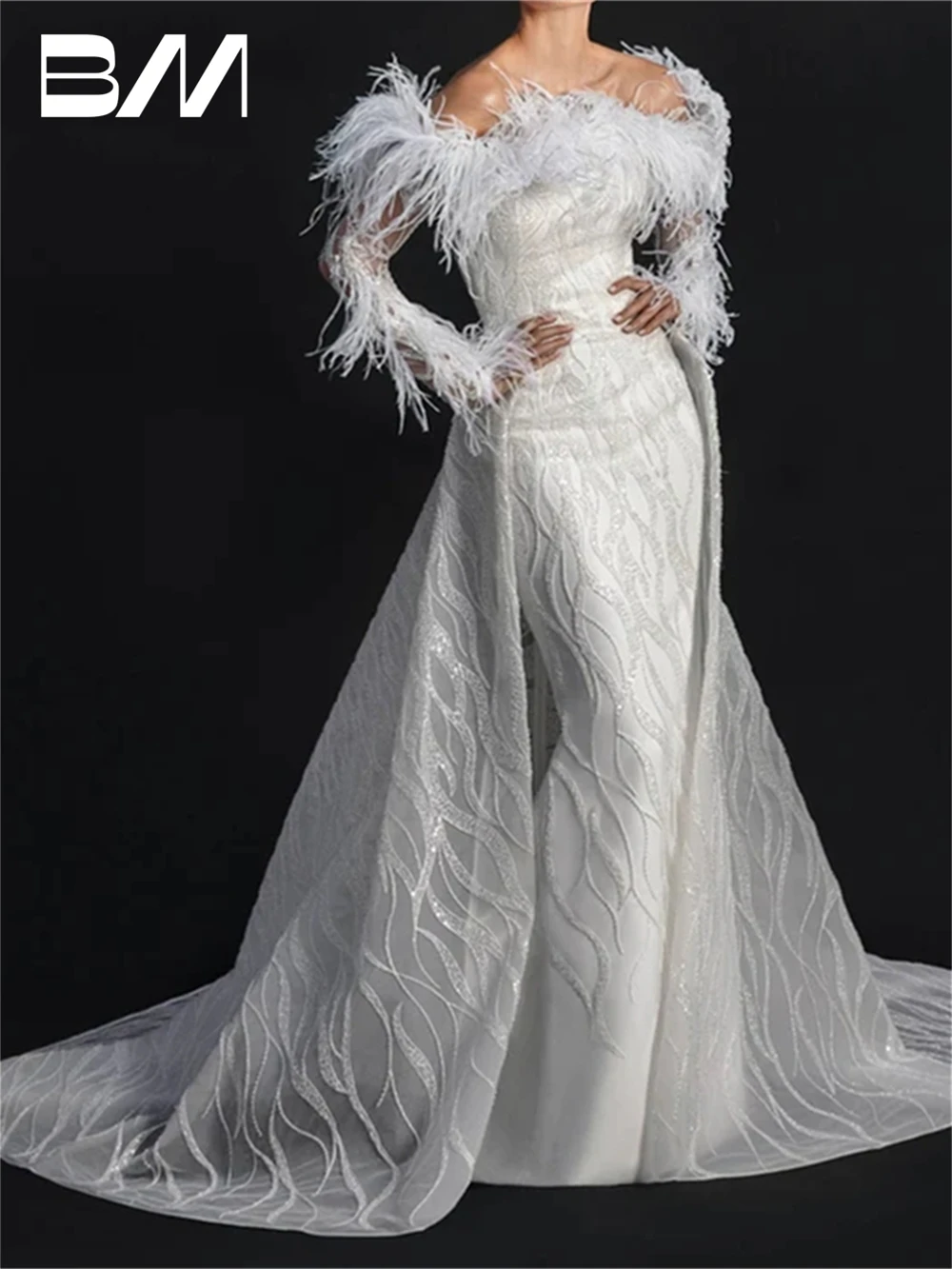 

Luxury Feathered Bride Dress With Detachable Train Tulle Wedding Dresses For Women Off-The-Shoulder Bridal Gown