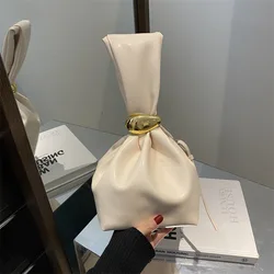 Elegant Vintage Pleated Leather Tote Bag - Women's Evening Bucket Purse (Beige)