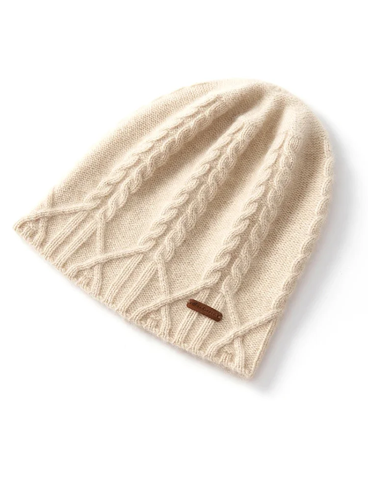 100% Cashmere Knit Cable Beanie Caps Solid Thick Soft Hat Fashion Autumn Winter Warm Highstreet Caps Women Pure Cashmere Bonnet 2