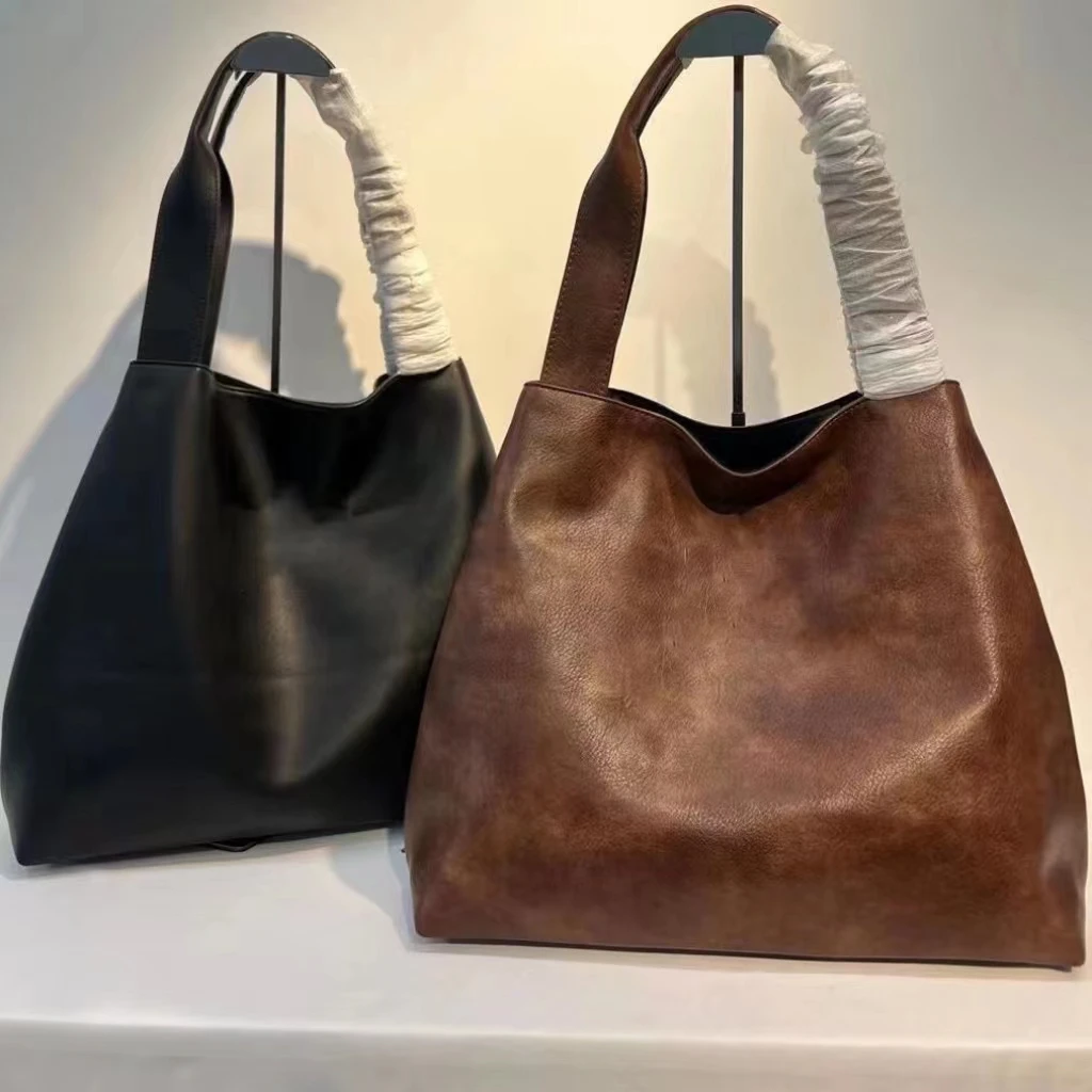 MM 2024 New Niche Tote Women's Large Capacity Shopping Single Shoulder Underarm Genuine Leather Bucket Bag