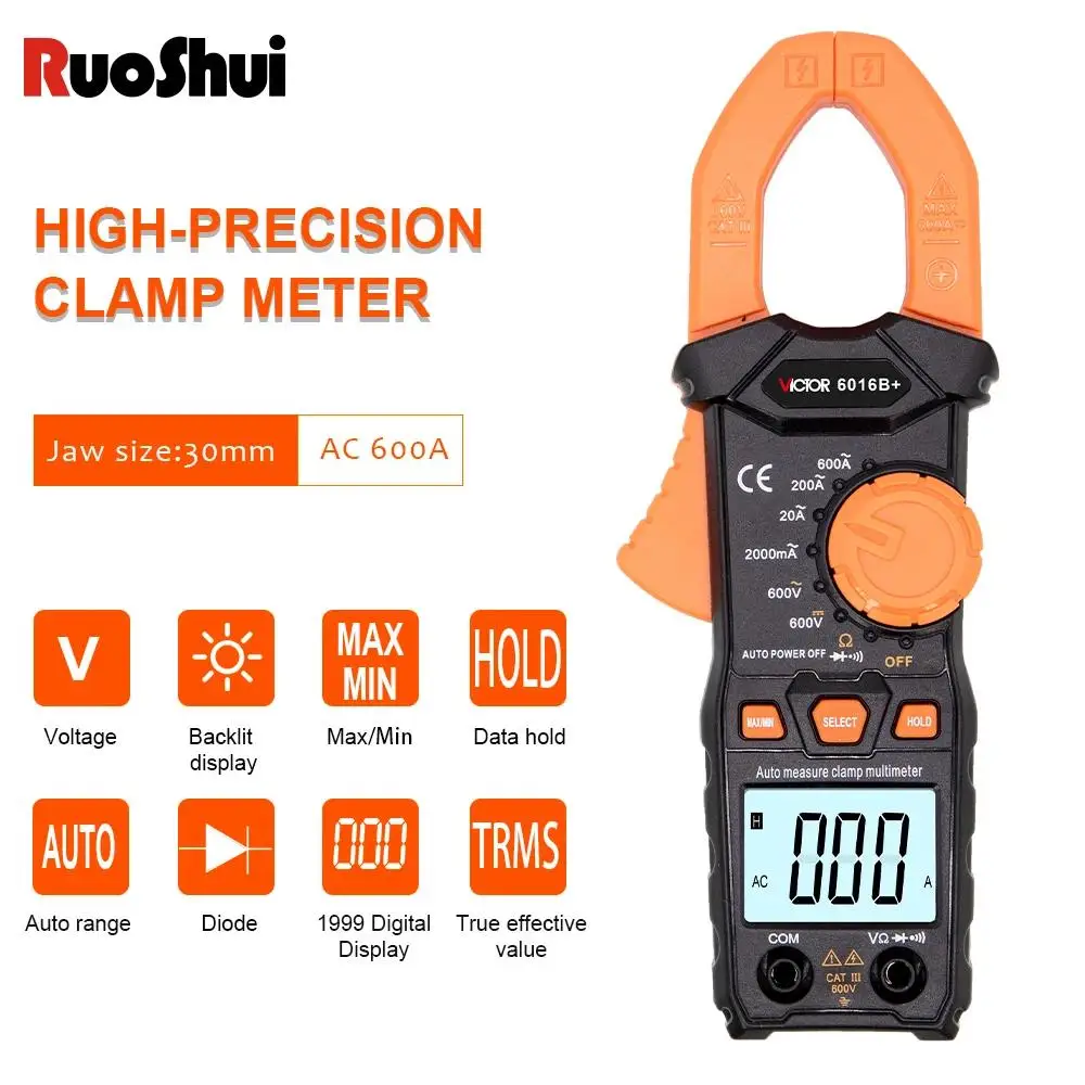 

Ruoshui Victor 6016B+ Digital Clamp Meter AC DC Multimeter Auto Range True RMS High Precision Capacitance NCV Ohm MAX/MIN Tester