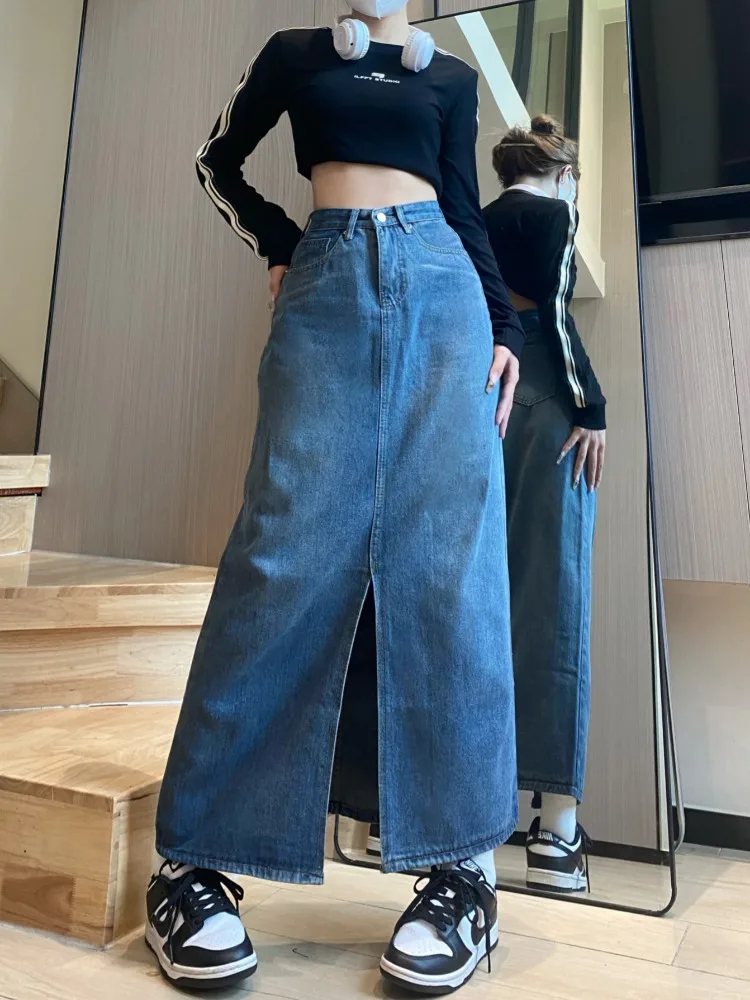 

Women's High Waist Split Design Denim Skirt Spring Summer New Chic Street Style Female Straight A-line Mid-calf Long Skirt