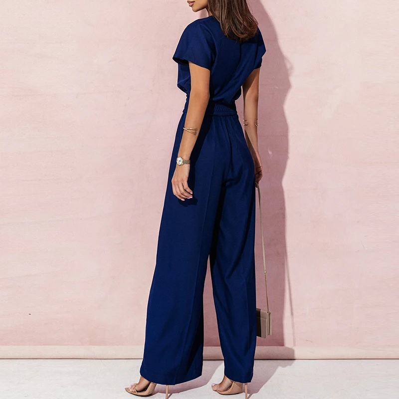 Fashion Short Sleeve Commute Wide Leg Pant Jumpsuit Casual Solid Color V Neck Loose Jumpsuit Women High Waist Temperament Romper