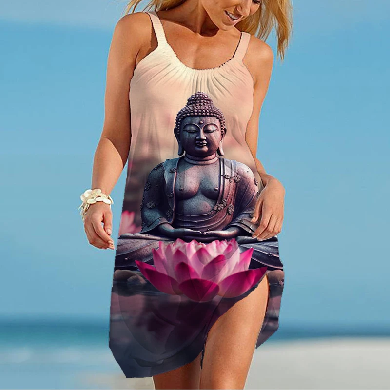 

Summer New Ladies Sexy Dress Women's Street Retro Clothing 3D Buddha Statues Printed Graphic Dress Daily Versatile Mini Dress