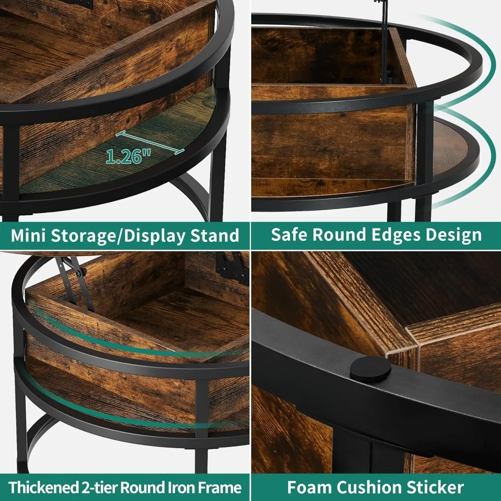 Round living room coffee table, Lift coffee table with storage, Wooden table with hidden storage compartment