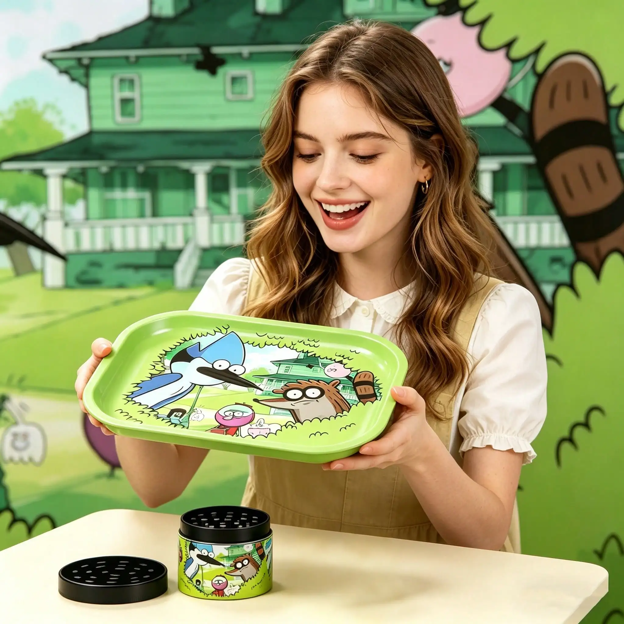 1/2 Pieces Cartoon Bird and Raccoon Metal Rolling Tray and Herb Grinder 6