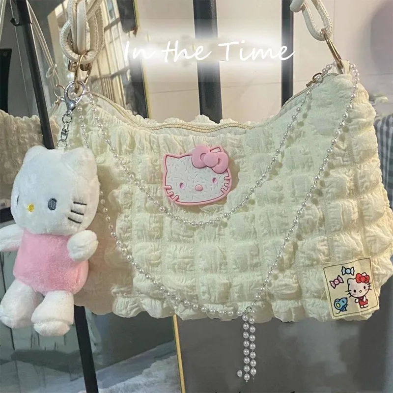 

Sanrio Hello Kitty Cute Fashion Girls Shoulder Bag New Large-capacity Versatile Handbag Pearl Chain Accessories Birthday Gift