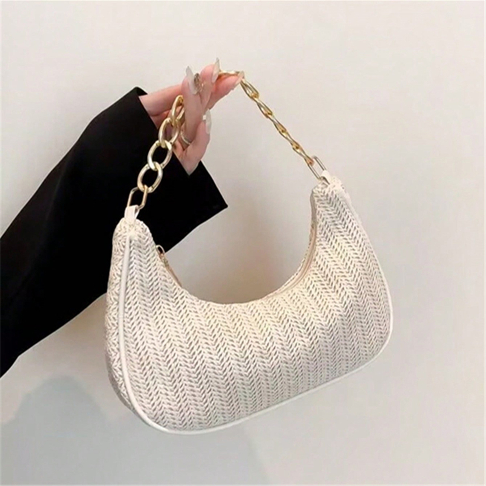 Summer Women's Clutch Half Moon Hobo Bag Hand-woven Straw Armpit Bag Female Seaside Beach Cocktail Party Lady Shoulder Bags