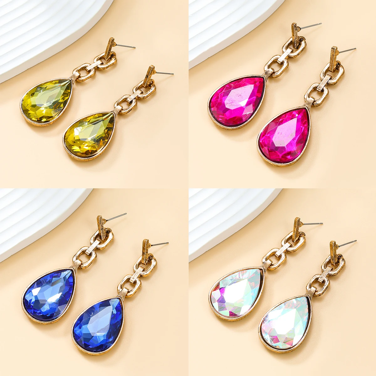Fancy Crystals Waterdrop Green Fucsia Crystals Vintage Gold Drop Earring For Women Statement Earring