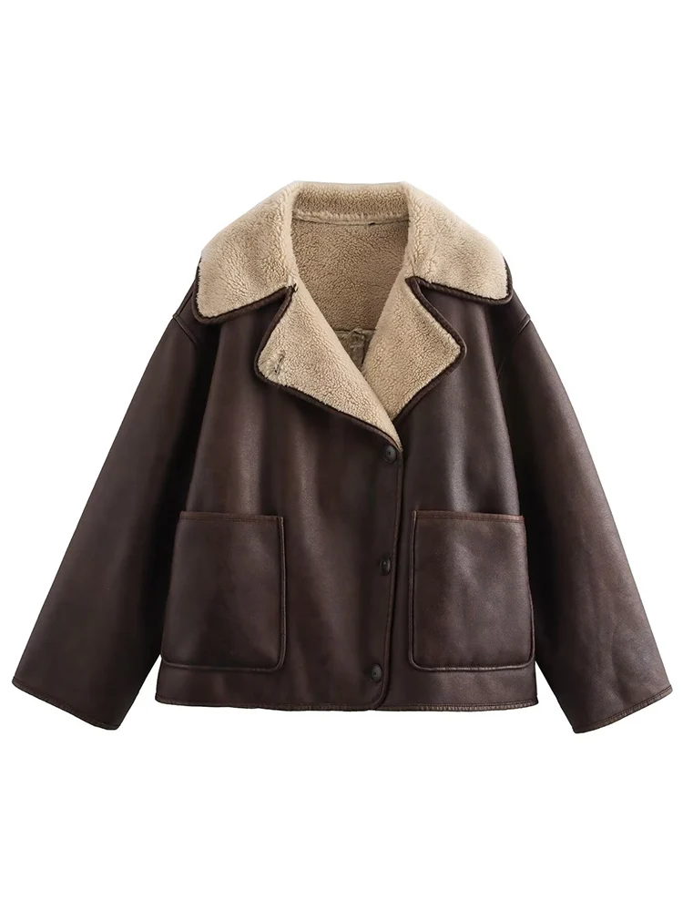 Autumn New Women's Loose Jacket Fashion Faux Fur Leather One Piece Pocket Jacket Coats Female Casual High Street Outerwear